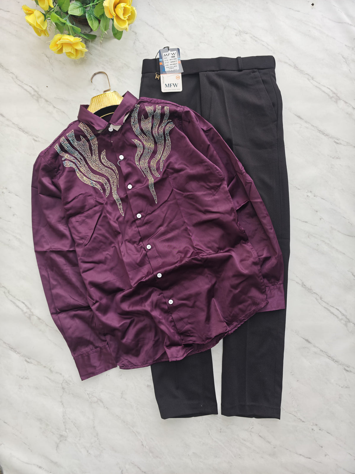 2 in 1 combo Party wear Stone work shirts + peanut fabric polofit pant buy @600 rs only