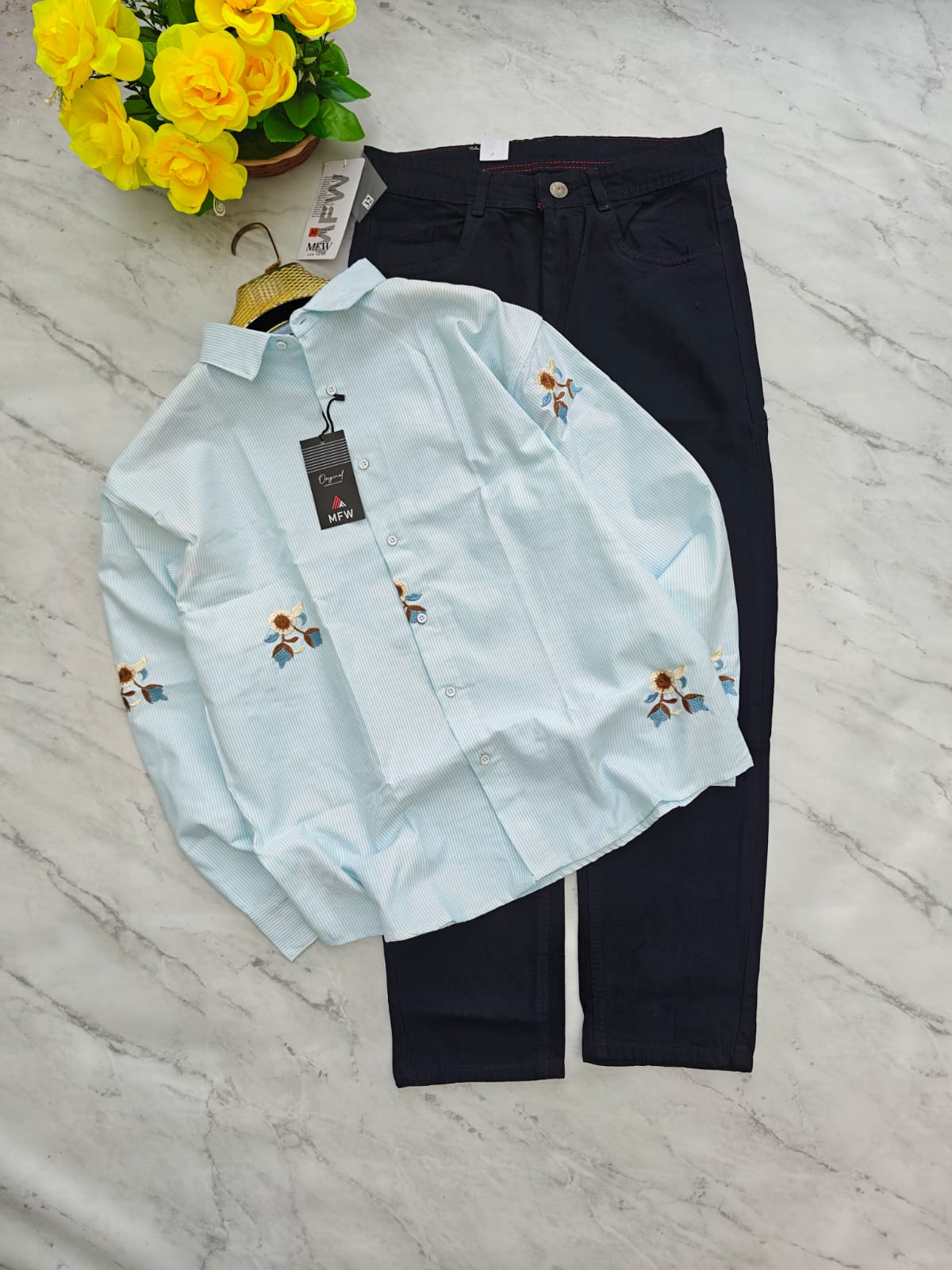 2 in 1 combo Oxford embroidery work shirts + mom fit jeans pant buy @600 rs only