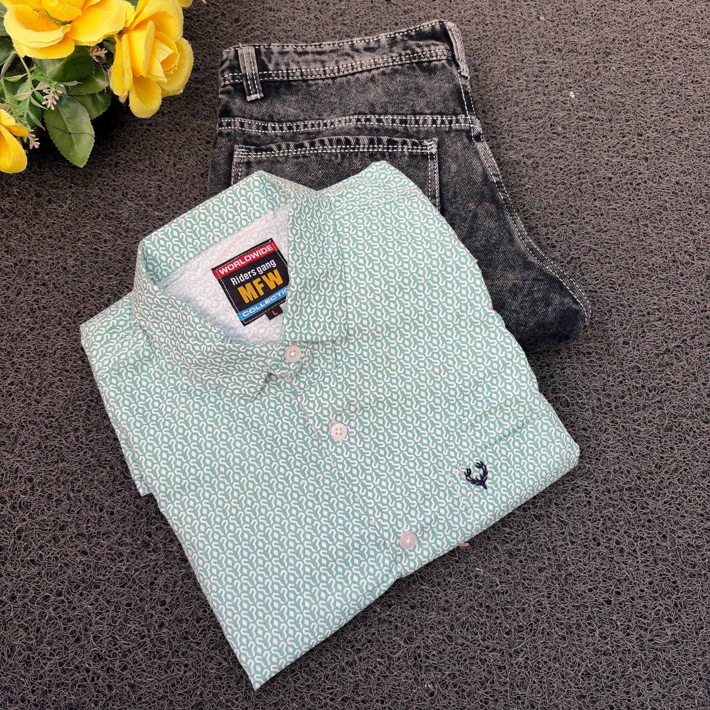 MFW Printed Shirts & Mom Fit Jeans random colours Combo – ₹449 Only("Pick your shirt color, pant’s a surprise!")