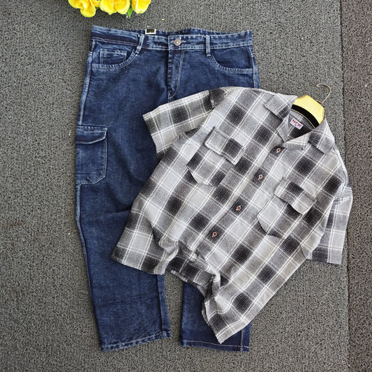 2 in 1 combo MFW double pocket Cuban collar back print shirts + 6 mom fit jeans buy @550 rs only