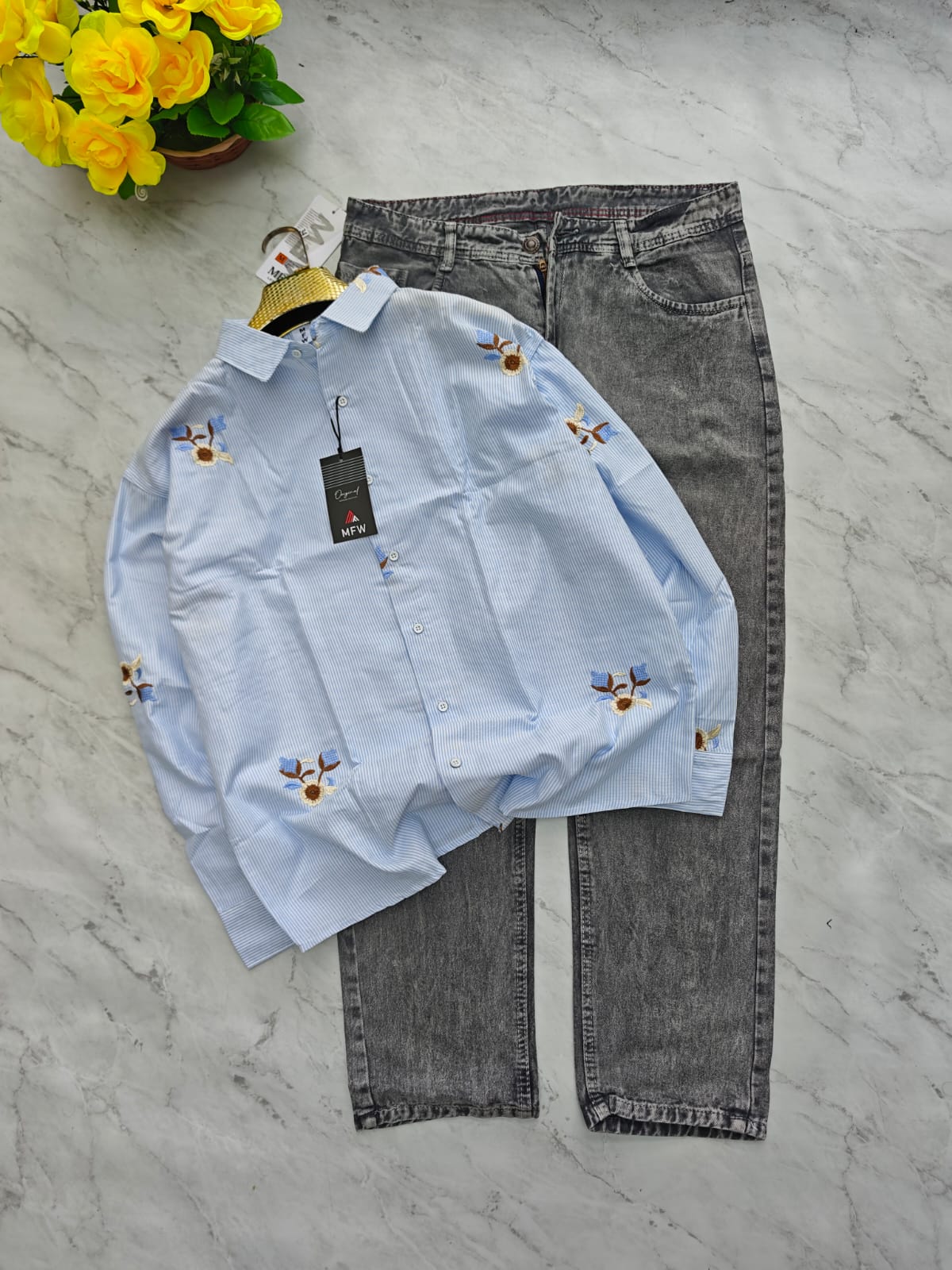 2 in 1 combo Oxford embroidery work shirts + mom fit jeans pant buy @600 rs only