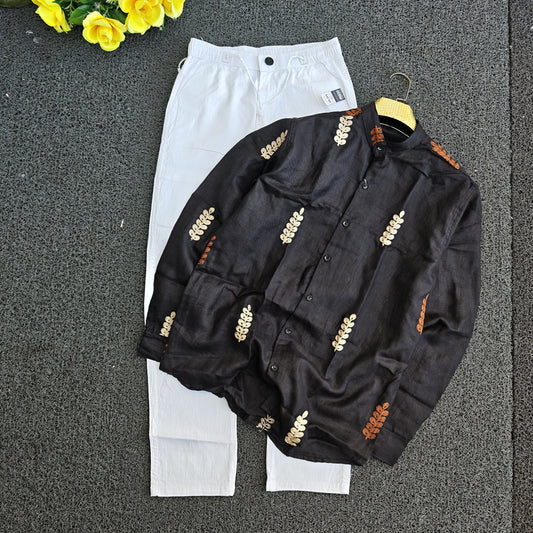 2 in 1 combo mandarin collar embroidery shirts+Lenin relax fit pants combo buy @600 rs only (D1)