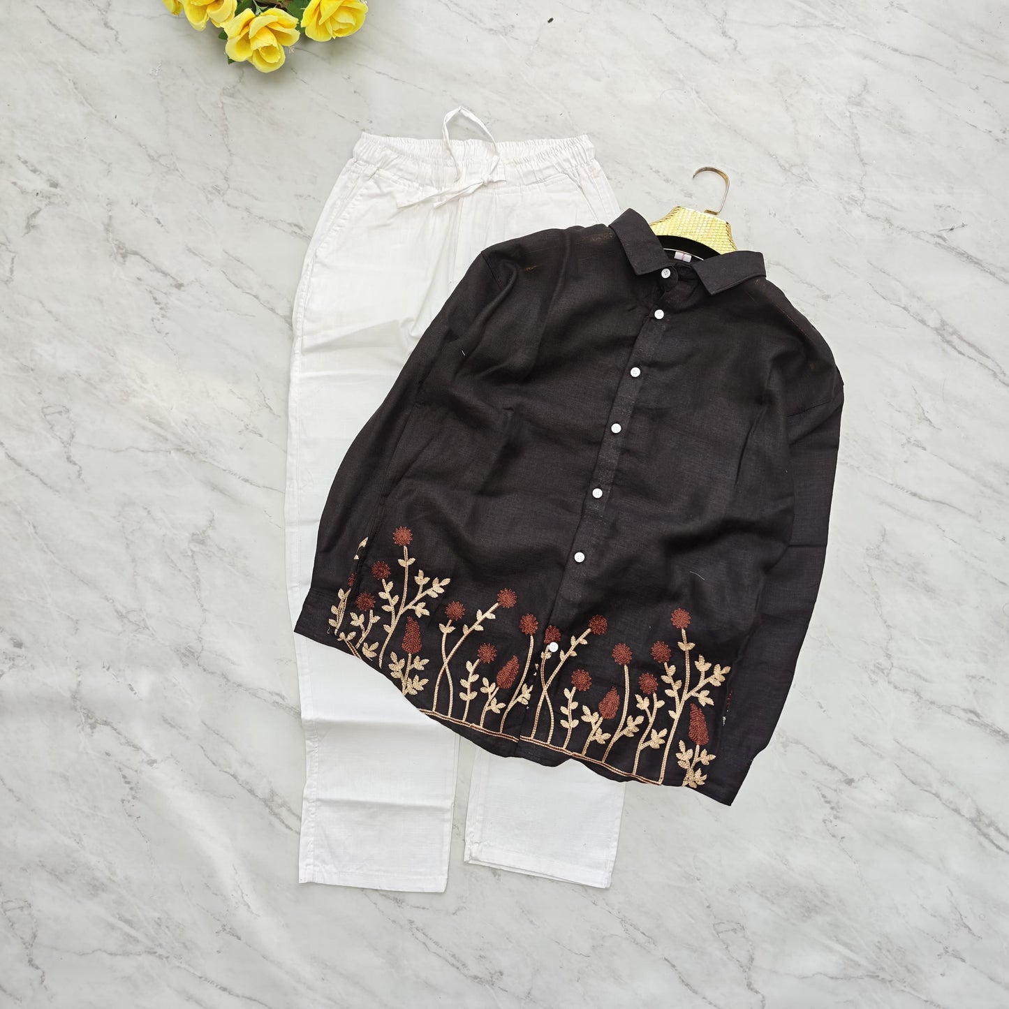 2 in 1 combo Lenin bottom embroidery shirts+ Lenin relax fit pants combo buy @600 rs only