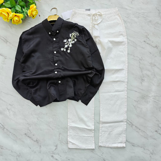 2 in 1 combo MFW embroidery party wear shirts + lenin relax fit pant combo buy @600 rs only