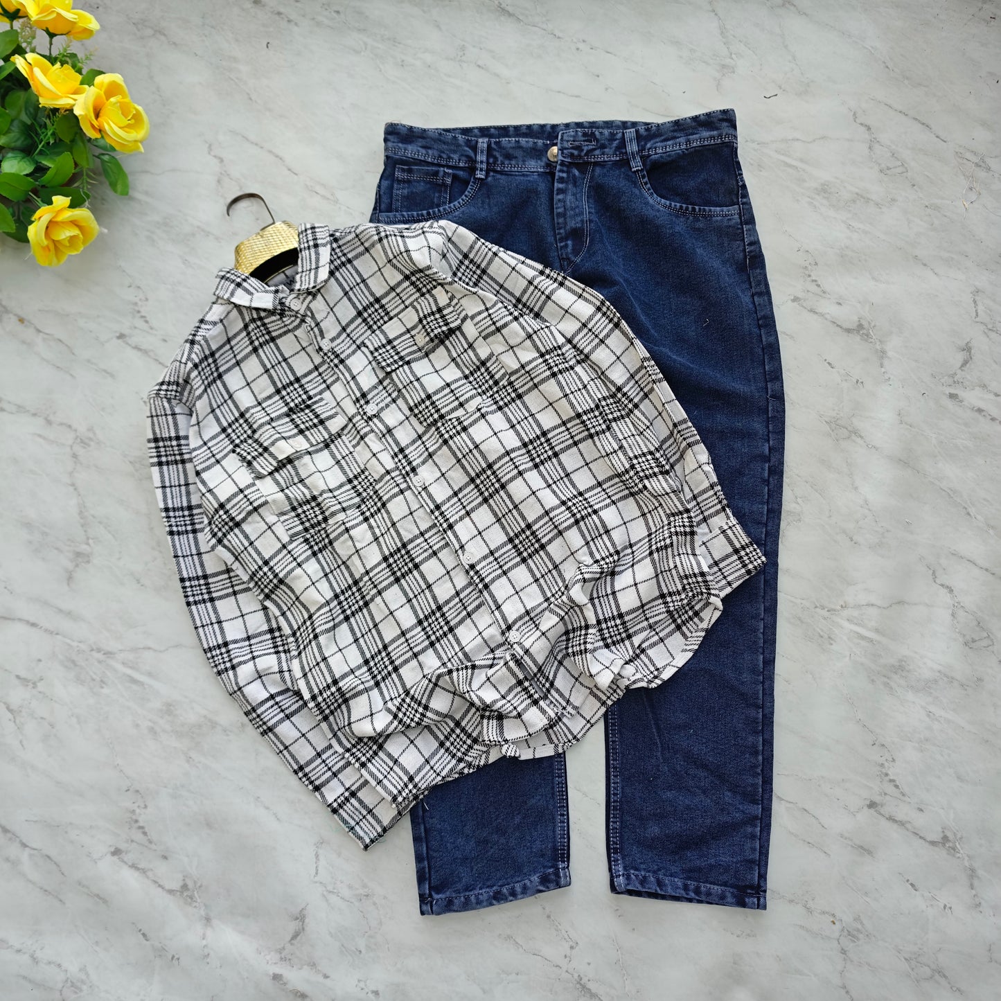 2 in 1 combo double pocket back printed shirts + plain mom fit jeans pant combo buy 550 rs only