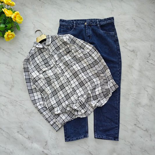 2 in 1 combo double pocket back printed shirts + plain mom fit jeans pant combo buy 550 rs only
