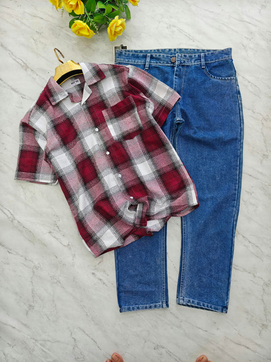 2 in 1 combo Cuban collar back print shirts + plain mom fit jeans pant combo buy @550