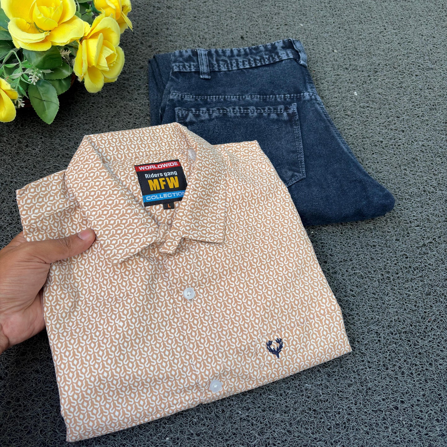 MFW Printed Shirts & Mom Fit Jeans random colours Combo – ₹449 Only("Pick your shirt color, pant’s a surprise!")