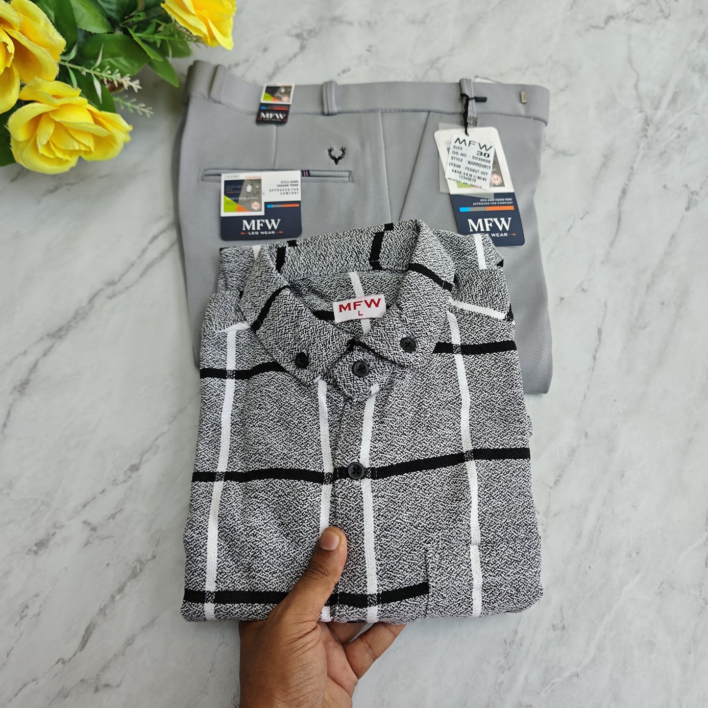 2 in 1 combo mfw flannel shirts + penut fabric polo fit pant combo buy @600 rs
