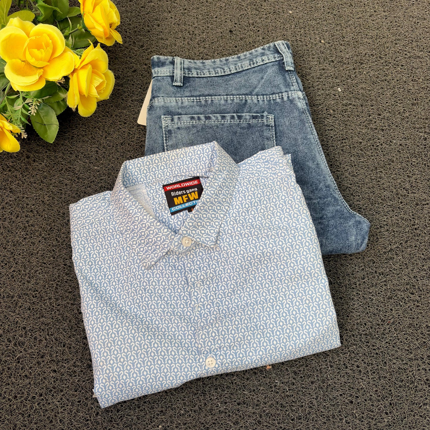 MFW Printed Shirts & Mom Fit Jeans random colours Combo – ₹449 Only("Pick your shirt color, pant’s a surprise!")
