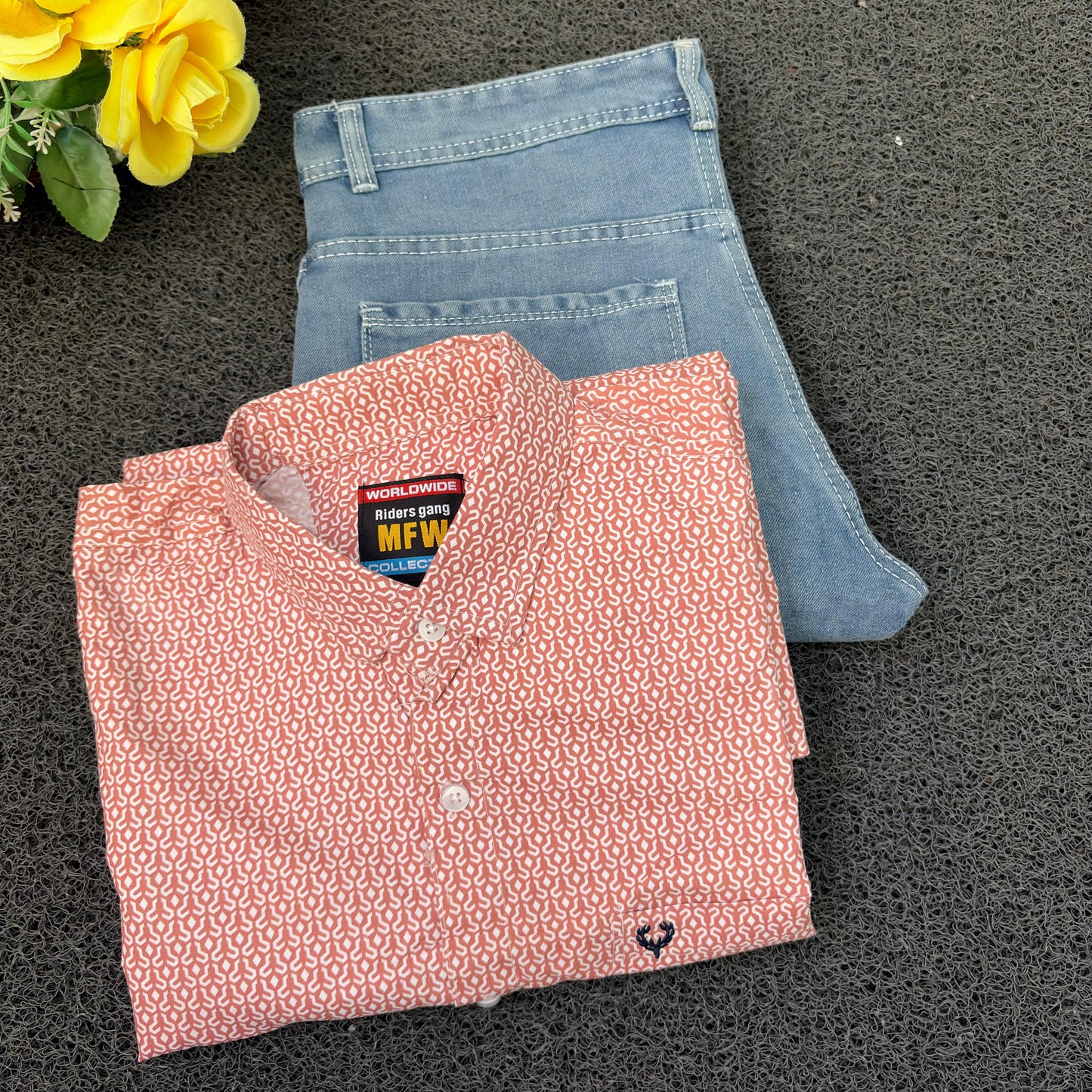 MFW Printed Shirts & Mom Fit Jeans random colours Combo – ₹449 Only("Pick your shirt color, pant’s a surprise!")