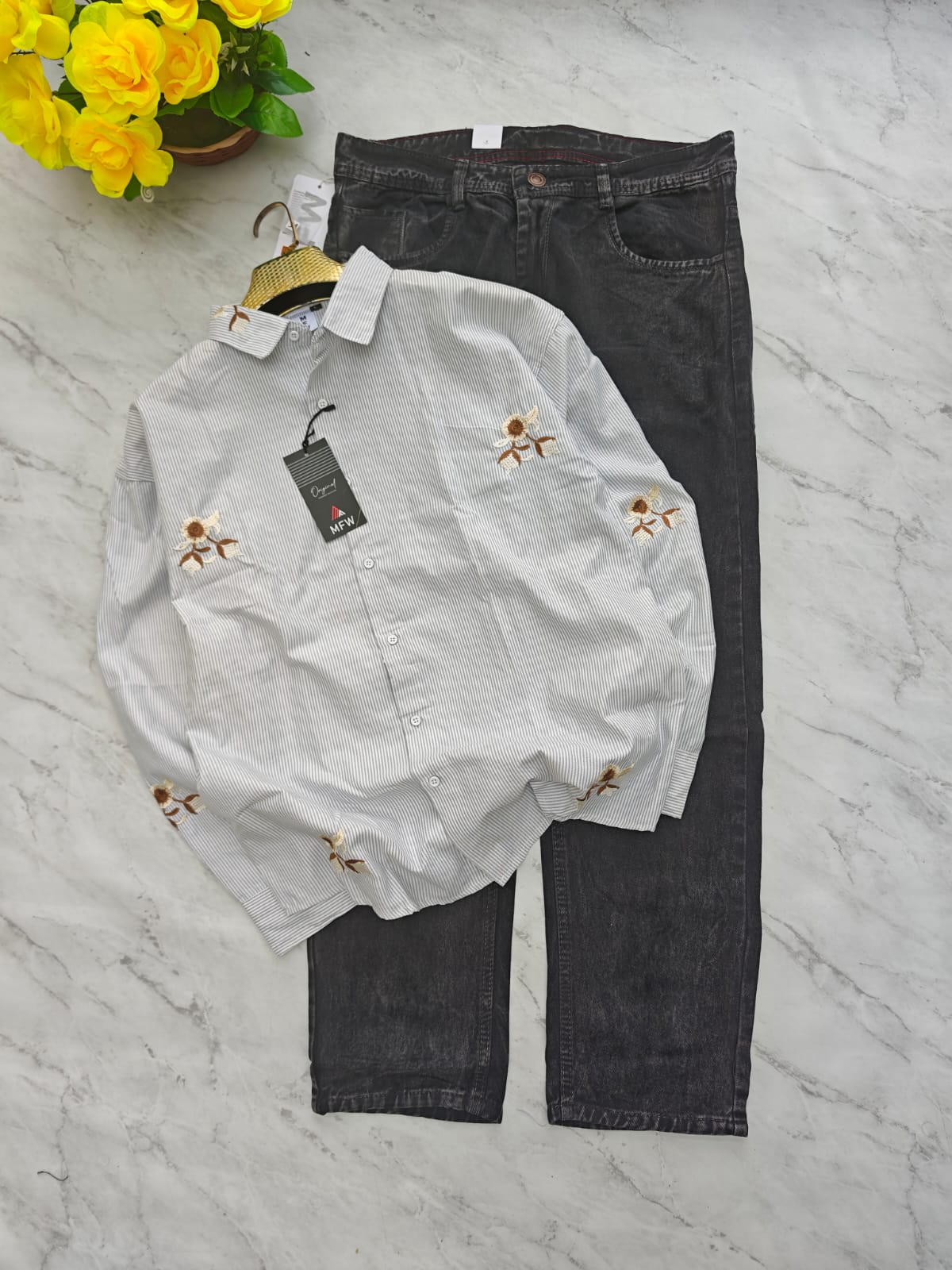 2 in 1 combo Oxford embroidery work shirts + mom fit jeans pant buy @600 rs only