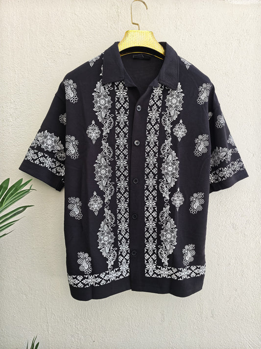 Cuban Collar Oversize Drop Shoulder Polo Designer printed Shirts buy @249(Black)
