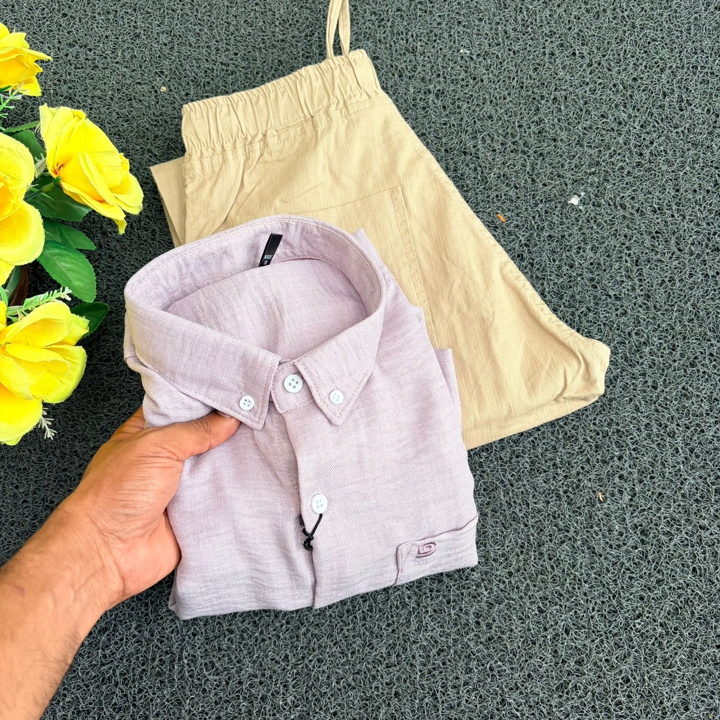 2 in 1 combo Old money lenin shirts + Lenin pants combo buy @600 only(Pink + Dark sandel )