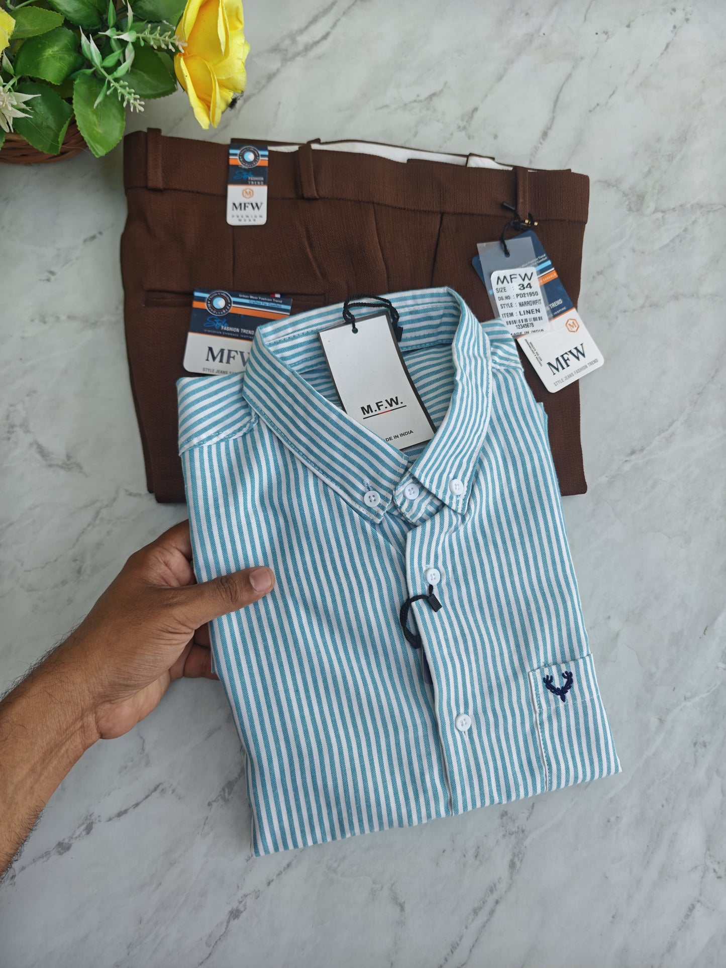 2 in 1 combo MFW Boxy fit Oxford stripes shirts + Lenin polo fit pant combo buy @600 rs only