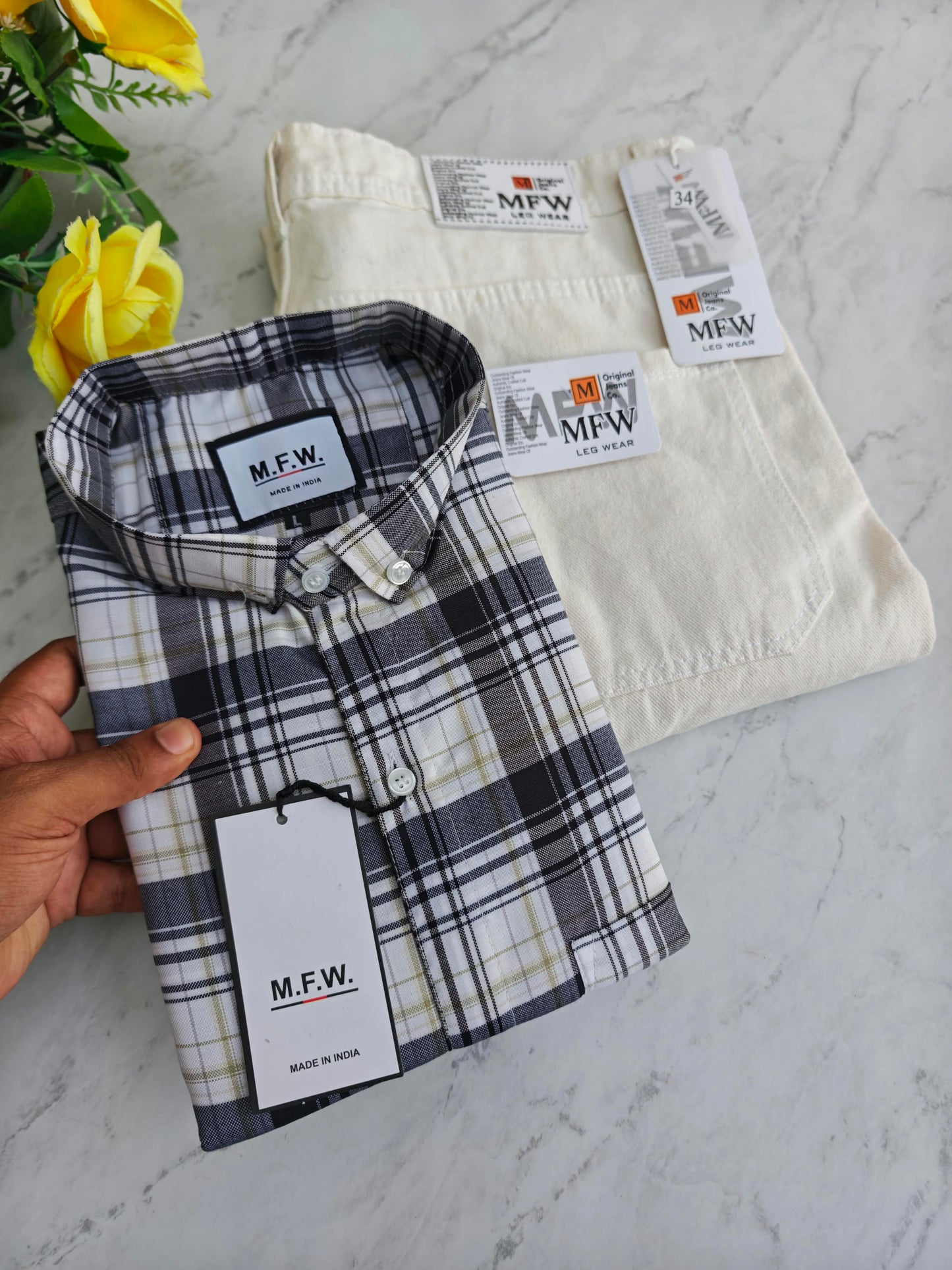 2 in 1 combo MFW checked shirts + plain mom fit jeans pant combo buy@600 rs only