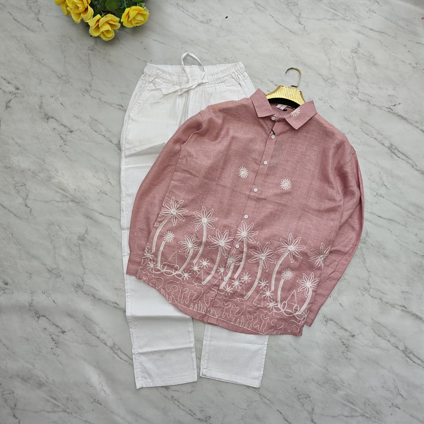 2 in 1 combo Lenin bottom embroidery shirts+ Lenin relax fit pants combo buy @600 rs only