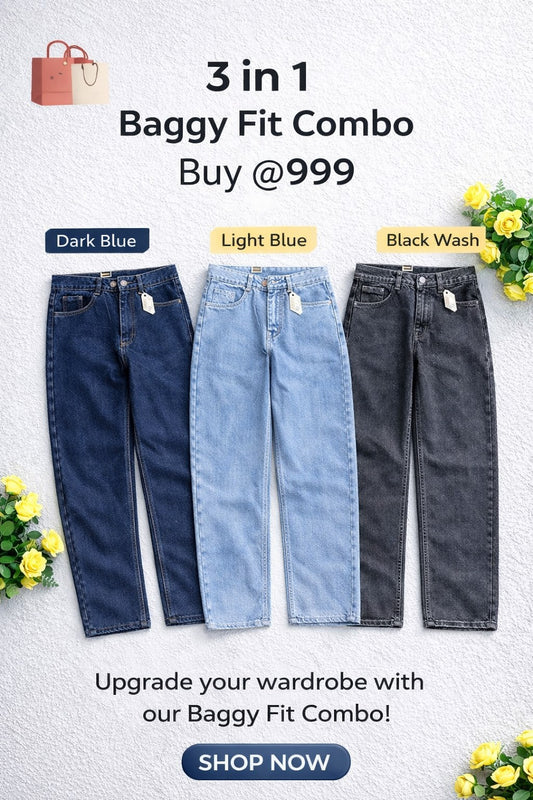 3 in 1 combo plain Baggy jeans buy 3 pcs combo @999 only(Navy Deep dark shade, mid blue ,black wash)