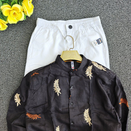 2 in 1 combo mandarin collar embroidery shirts+Lenin relax fit pants combo buy @600 rs only