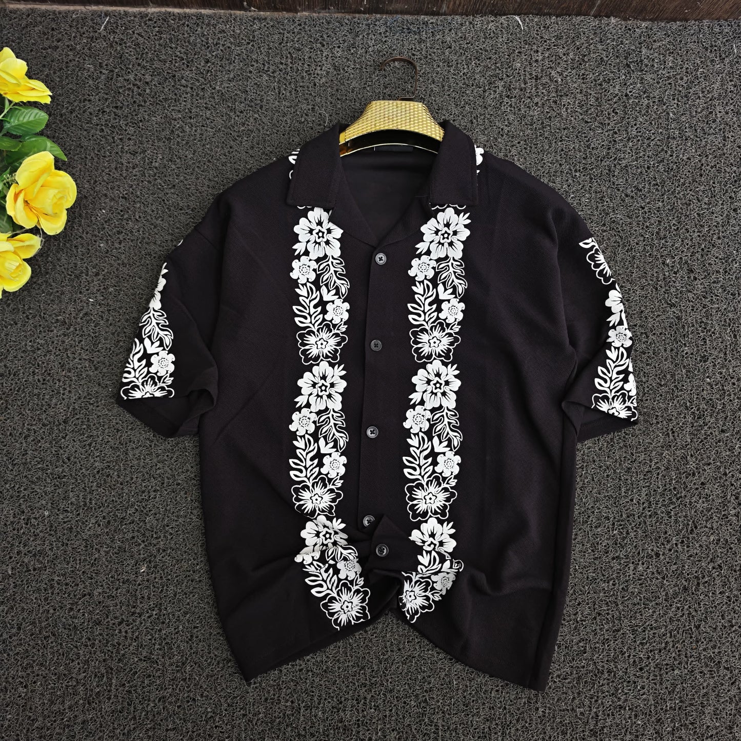 Cuban Collar Oversize Drop Shoulder Polo Designer printed Shirts buy @249 (Black)