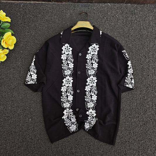 Cuban Collar Oversize Drop Shoulder Polo Designer printed Shirts buy @249 (Black)