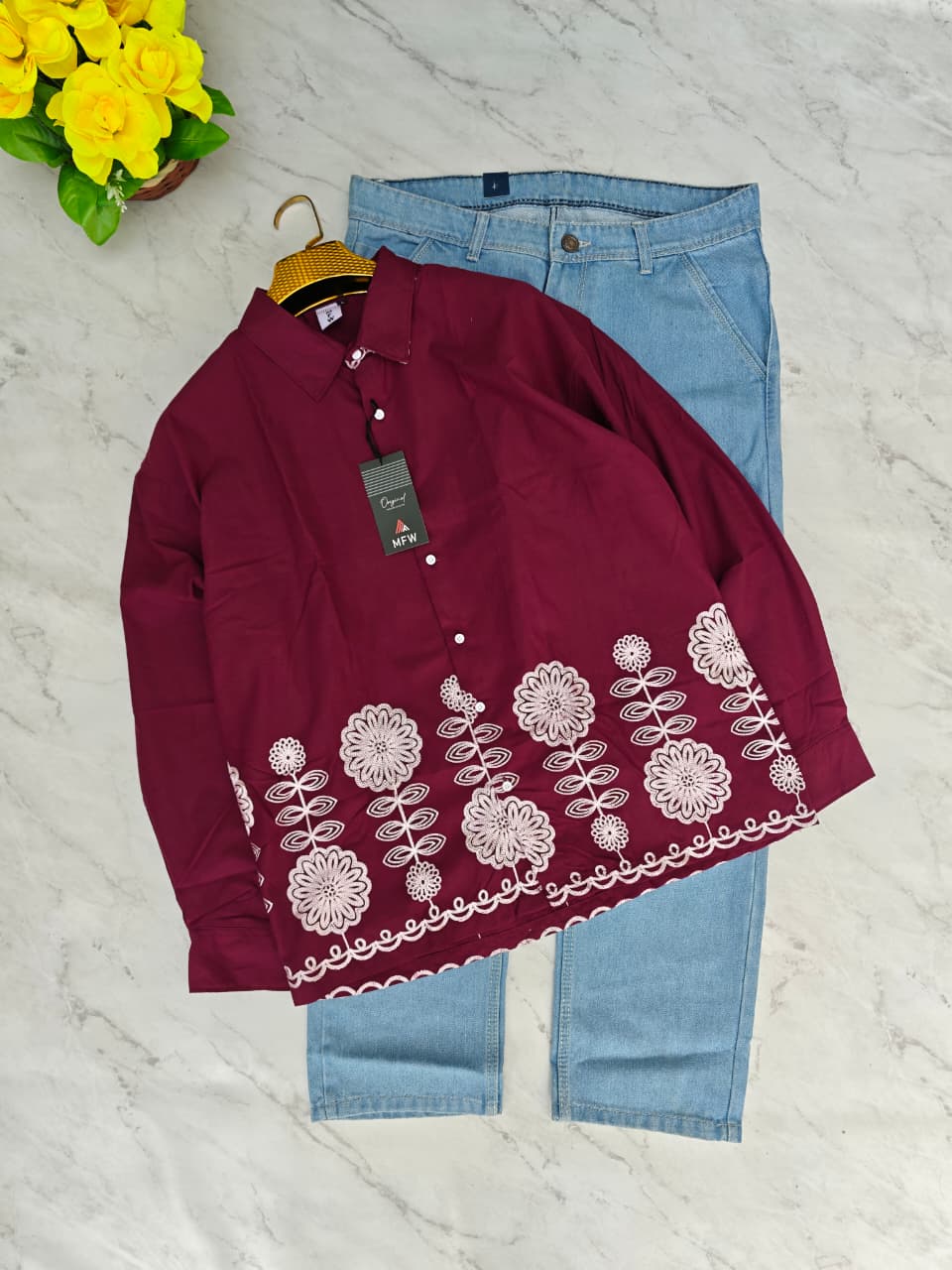 2 in 1 combo MFW border embroidery shirts + mom fit jeans pant buy @600 rs only