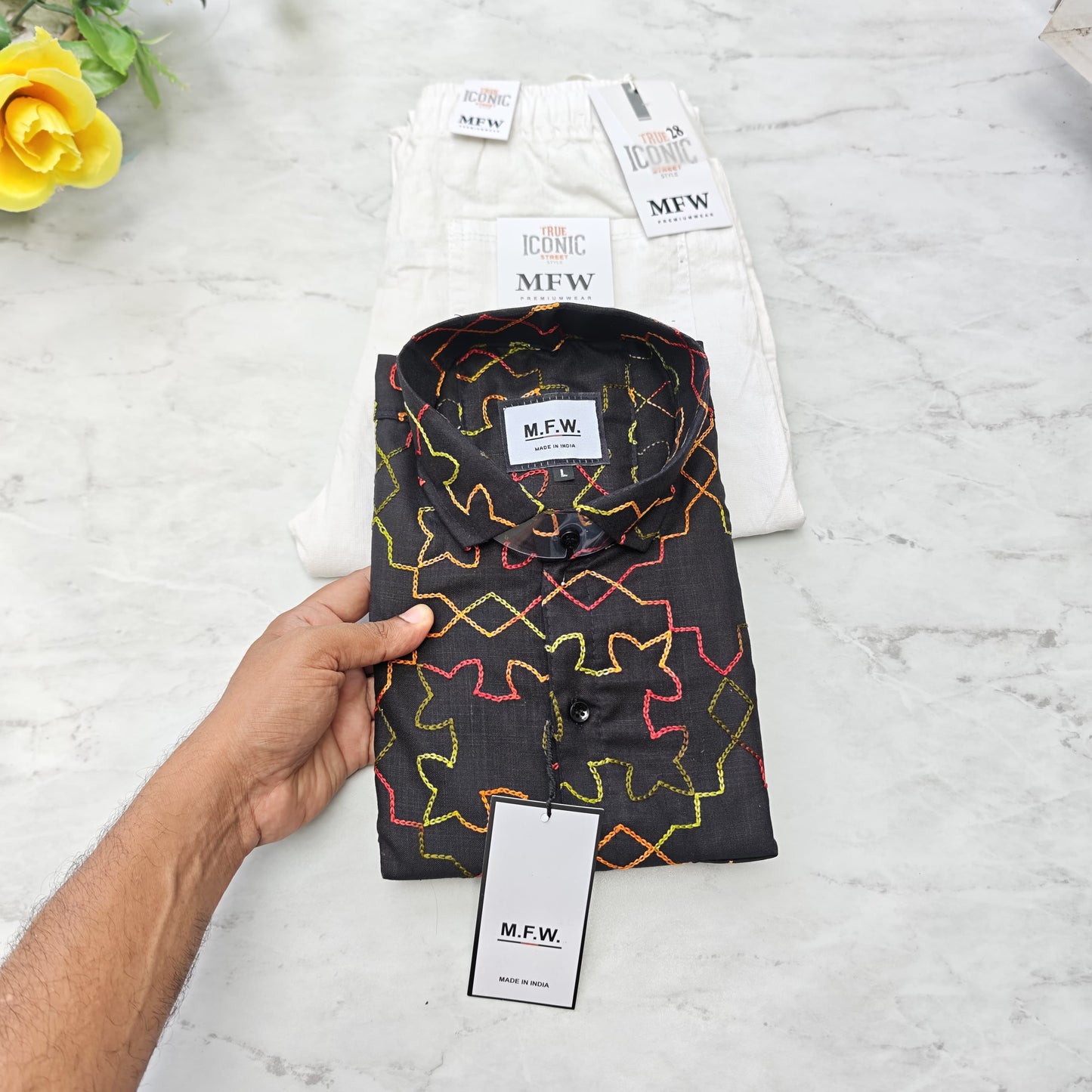 2 in 1 combo MFW embroidery shirts + lenin relax fit pants combo buy @600 rs only