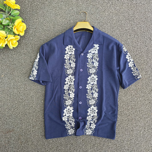 Cuban Collar Oversize Drop Shoulder Polo Designer printed Shirts buy @249 (navy)