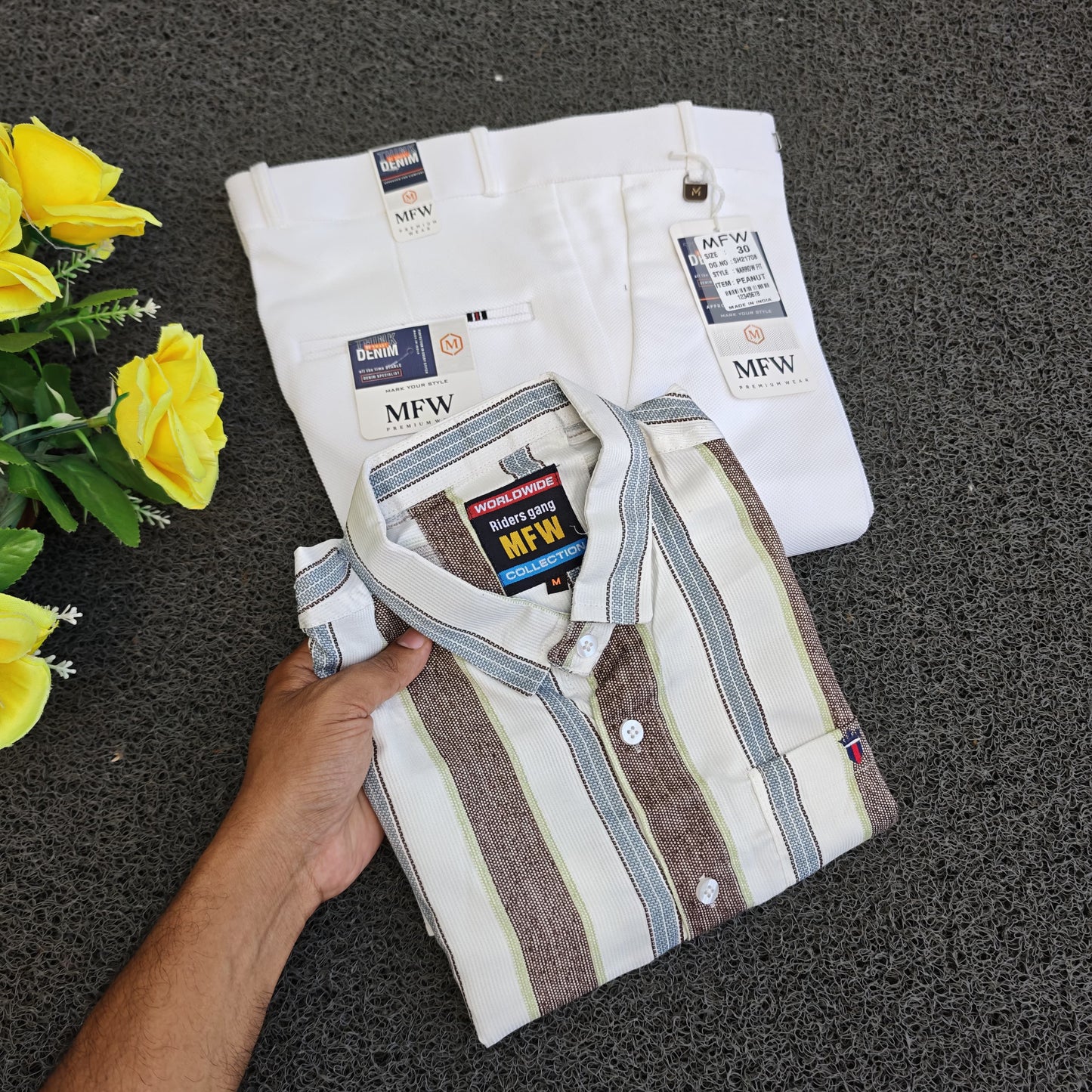 2 in 1 combo stripes shirts + penut fabric polo fit pants combo buy @500 rs only
