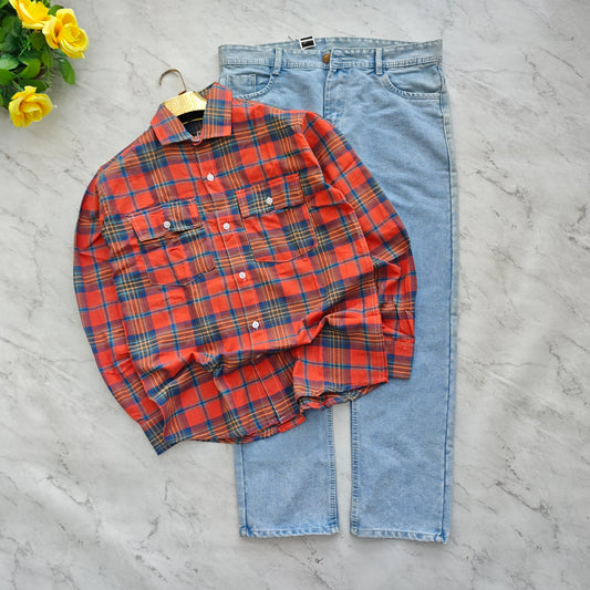 2 in 1 combo double pocket back printed shirts + plain mom fit jeans pant combo buy 550 rs only