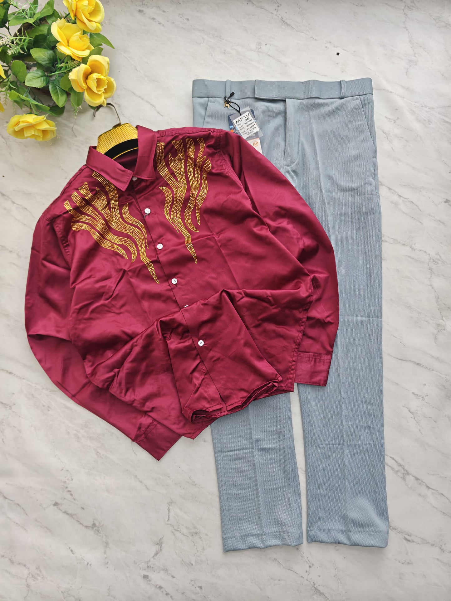 2 in 1 combo Party wear Stone work shirts + peanut fabric polofit pant buy @600 rs only