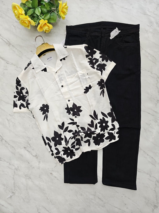 2-in-1 Combo | Cuban Collar Viscose Printed Shirt + Plain Mom Fit Jeans | ₹600 Online