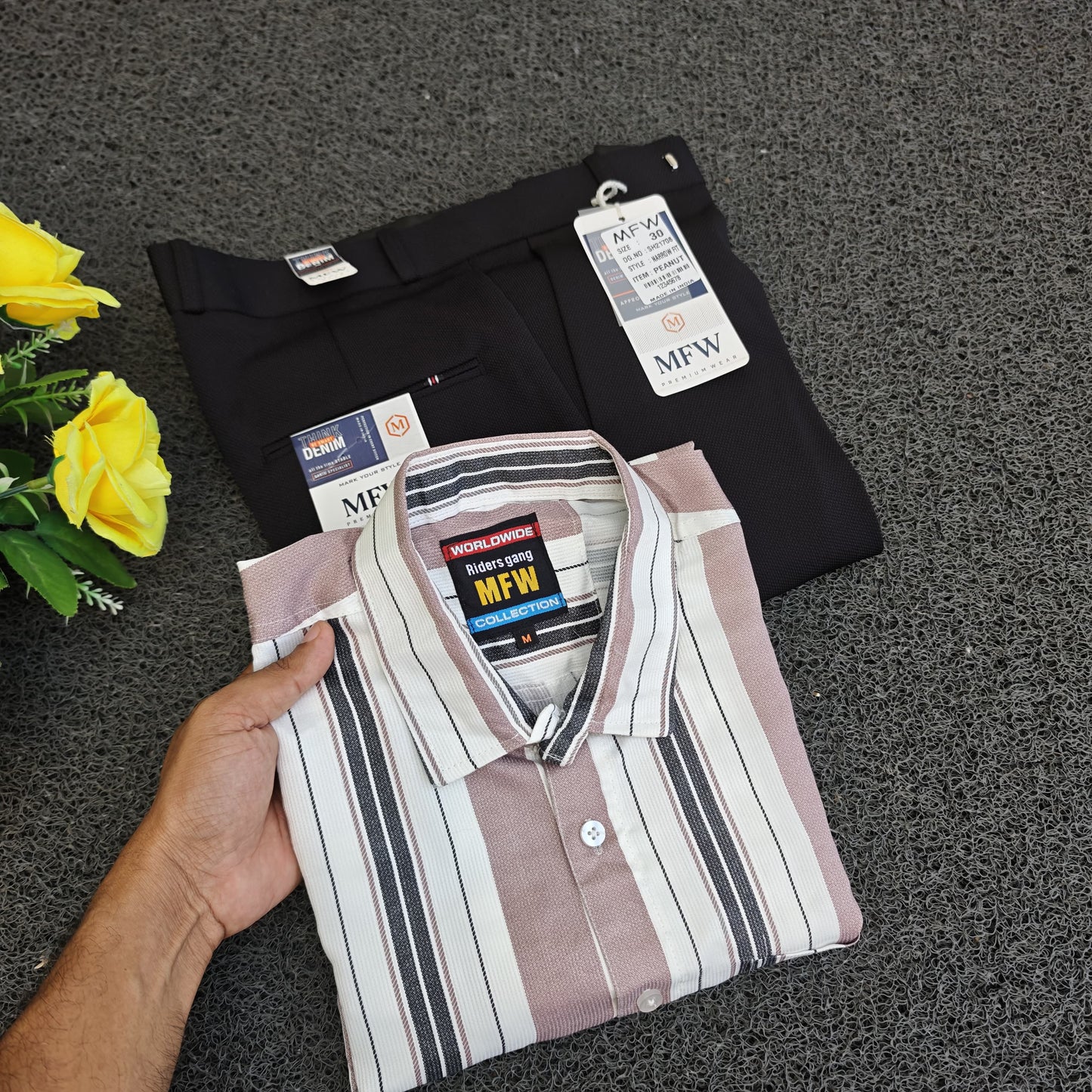 2 in 1 combo stripes shirts + penut fabric polo fit pants combo buy @500 rs only