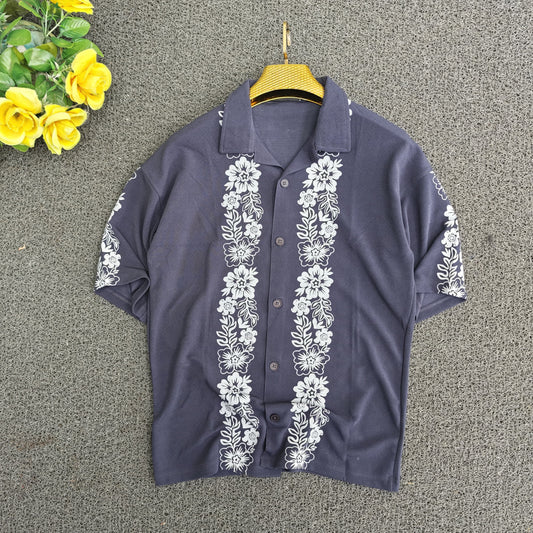Cuban Collar Oversize Drop Shoulder Polo Designer printed Shirts buy @249 (Grey)