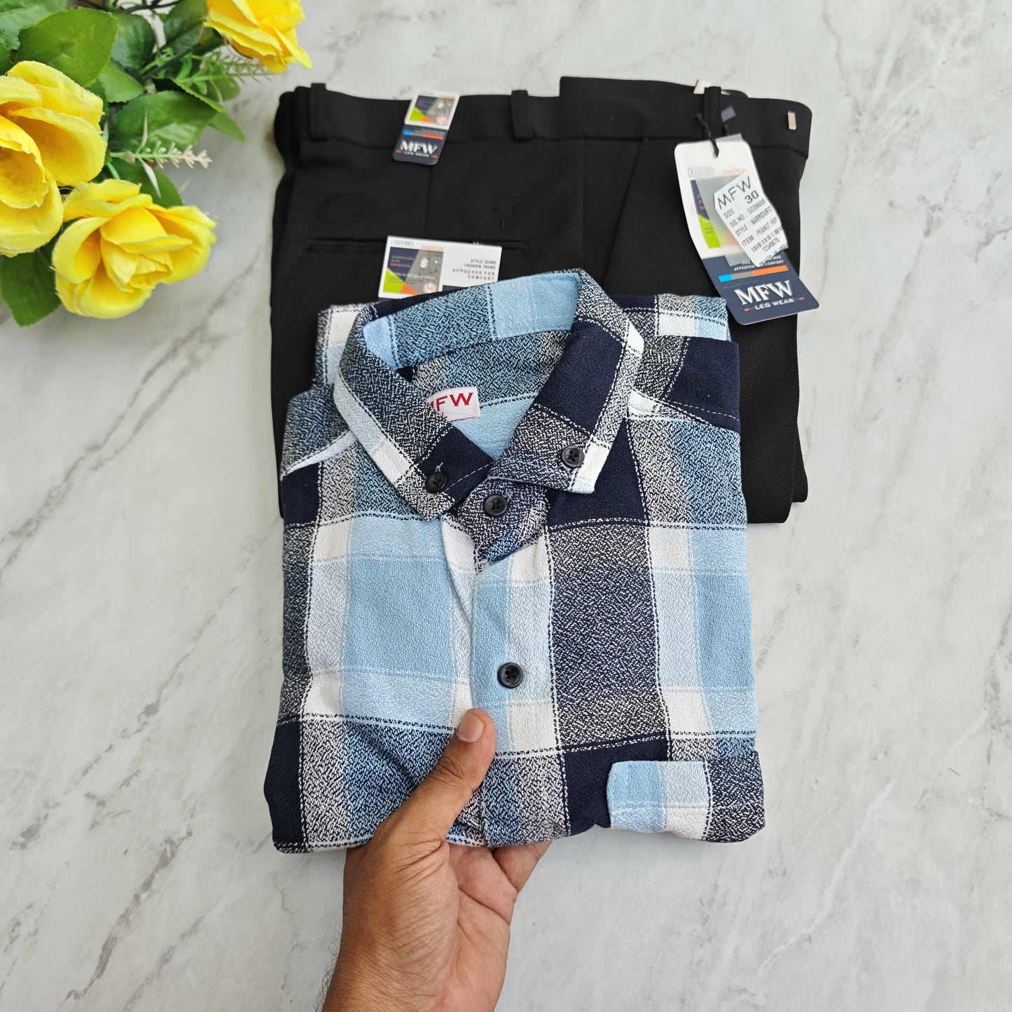 2 in 1 combo mfw flannel shirts + penut fabric polo fit pant combo buy @600 rs