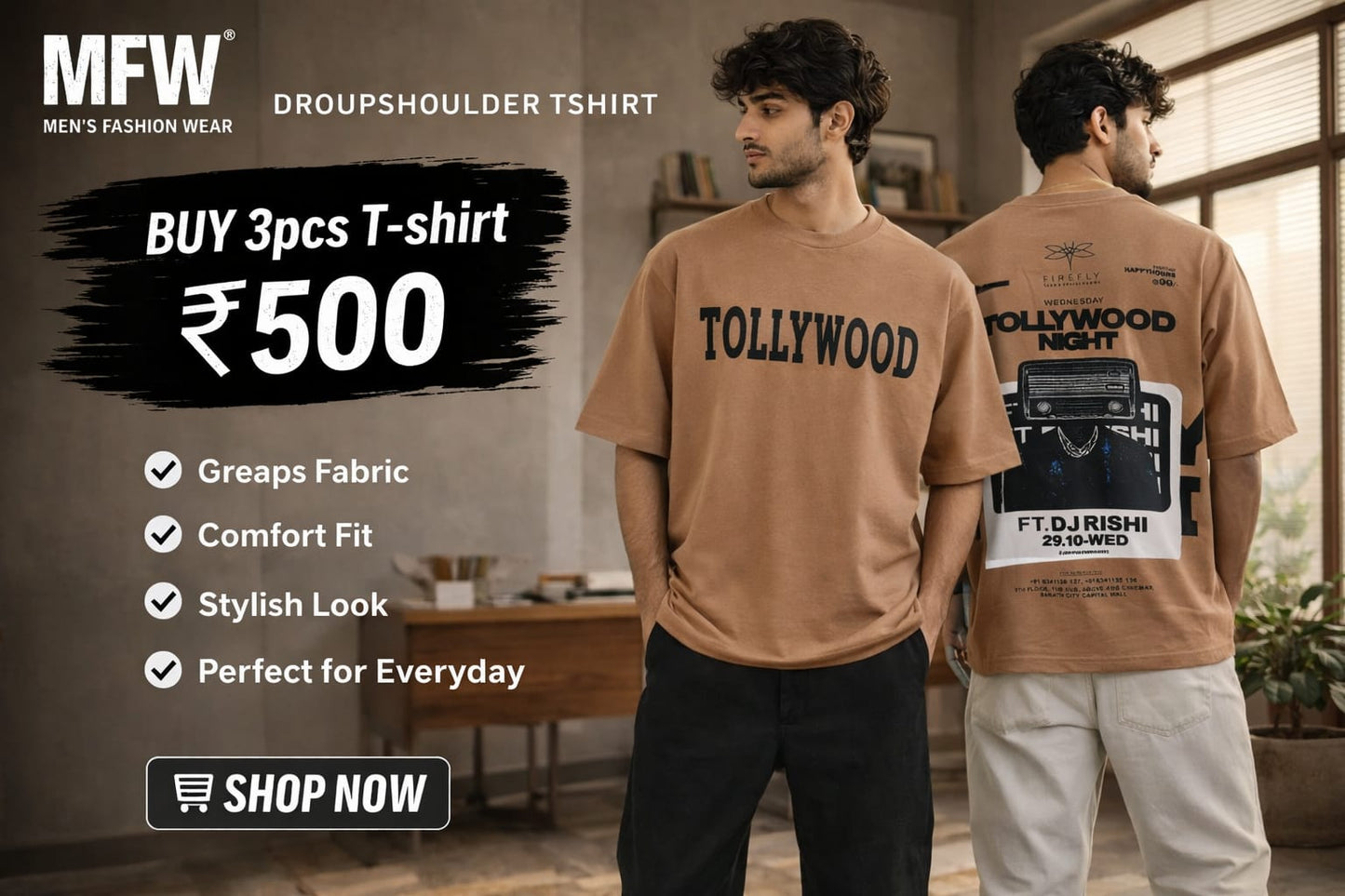 Round neck Front and back print droup shoulder Tshirt 1 pc @199 and 3 pcs @ 499