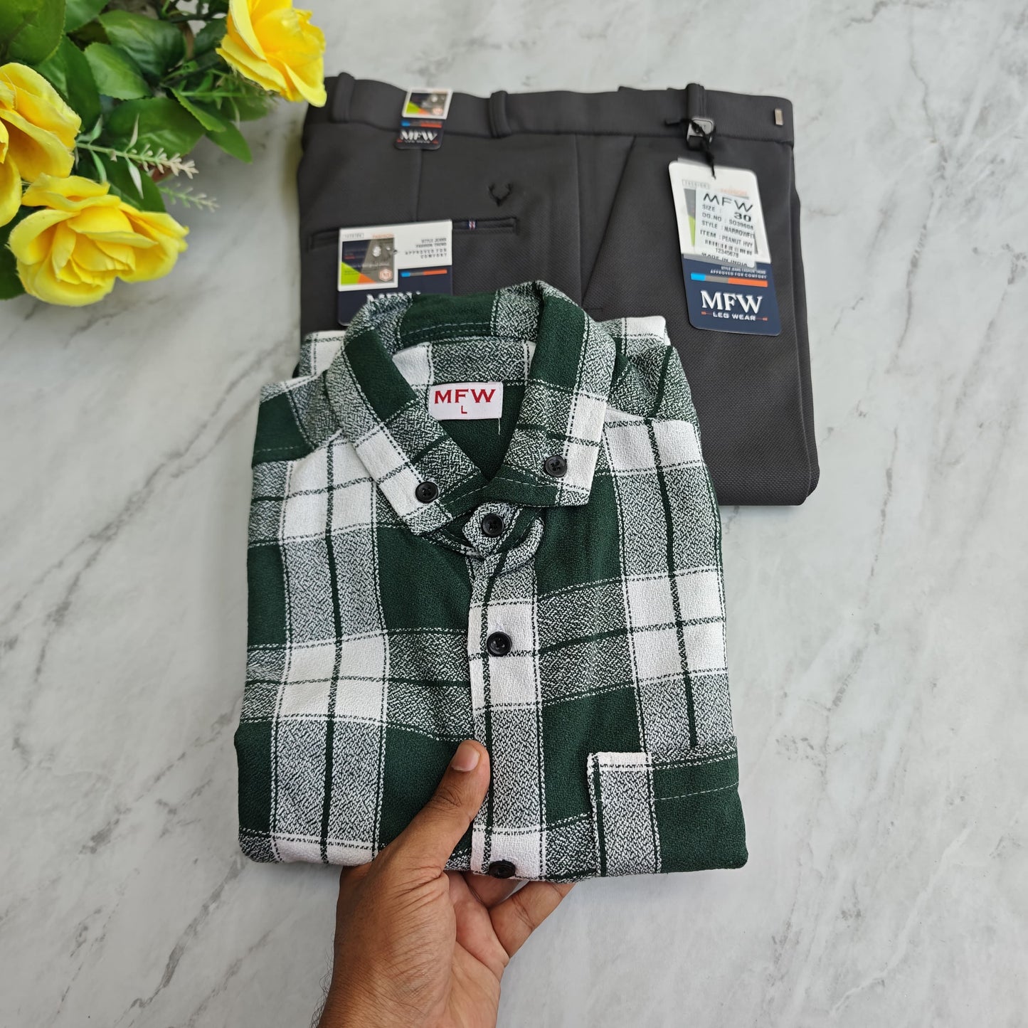 2 in 1 combo mfw flannel shirts + penut fabric polo fit pant combo buy @600 rs