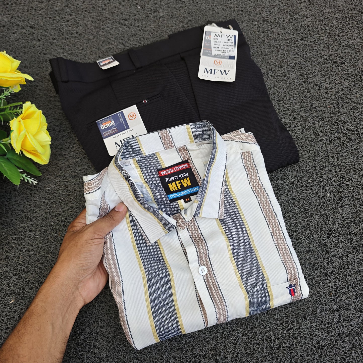 2 in 1 combo stripes shirts + penut fabric polo fit pants combo buy @500 rs only