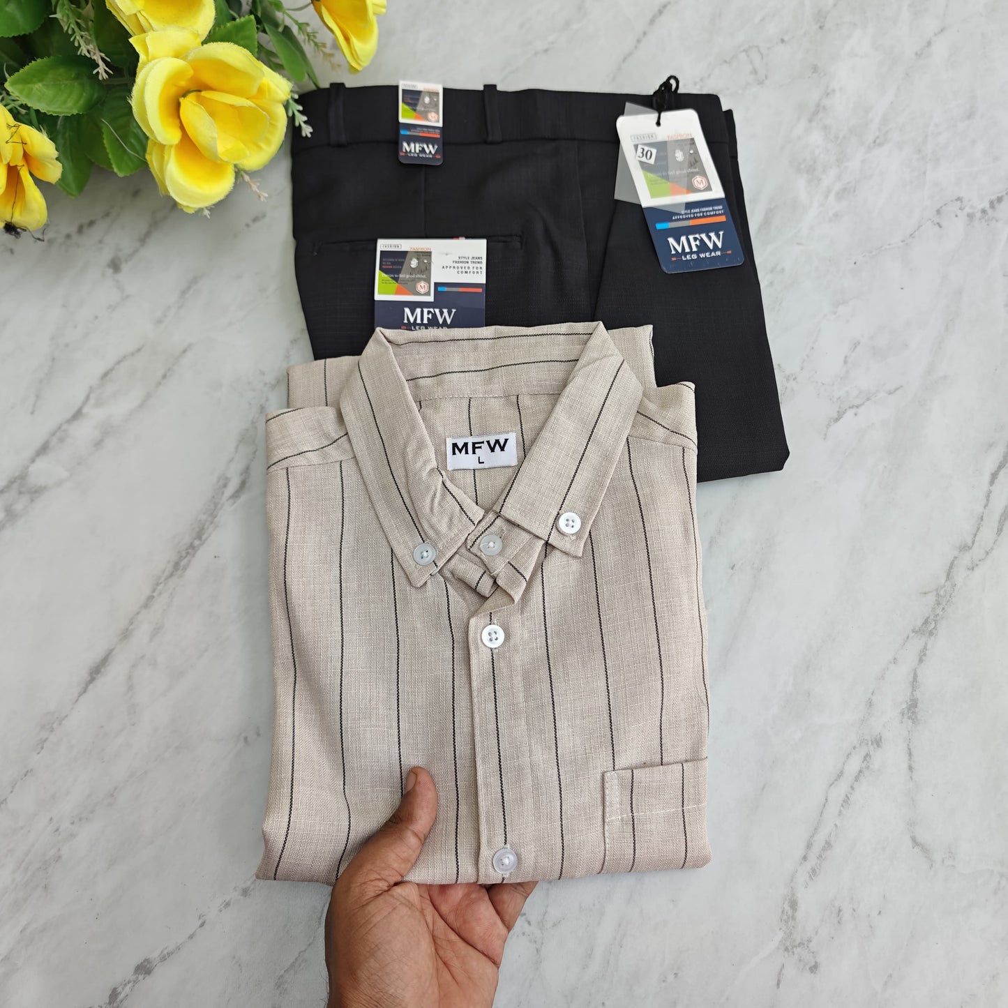2 in 1 combo MFW old money lenin stripes shirts + lenin polo fit pants combo buy @600 rs only
