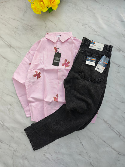 2 in 1 combo stripes embroidery shirts + mom fit jeans pant buy @600 rs only