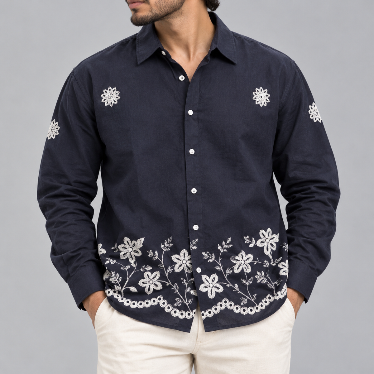 Men's Full sleeve lenin  Bottom Embroidery Shirts single pcs @350 and Buy 3 pc combo @999 [New Design] (Copy 5)