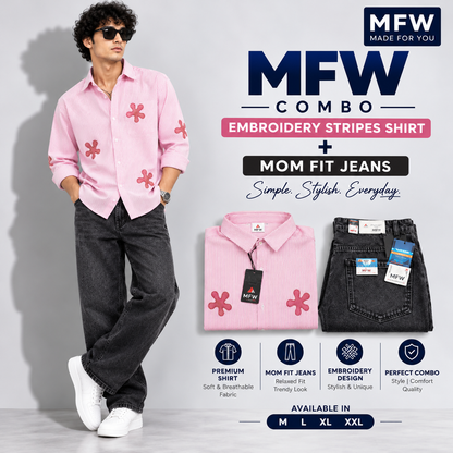 2 in 1 combo stripes embroidery shirts + mom fit jeans pant buy @600 rs only