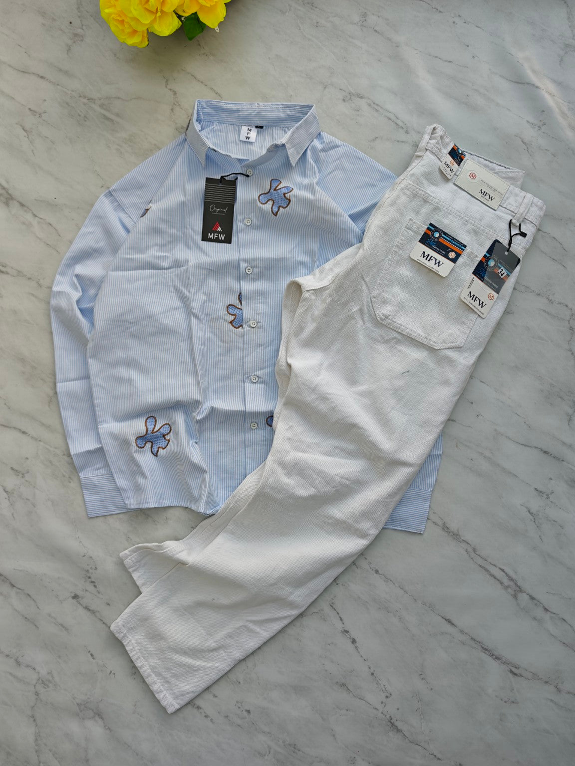 2 in 1 combo stripes embroidery shirts + mom fit jeans pant buy @600 rs only