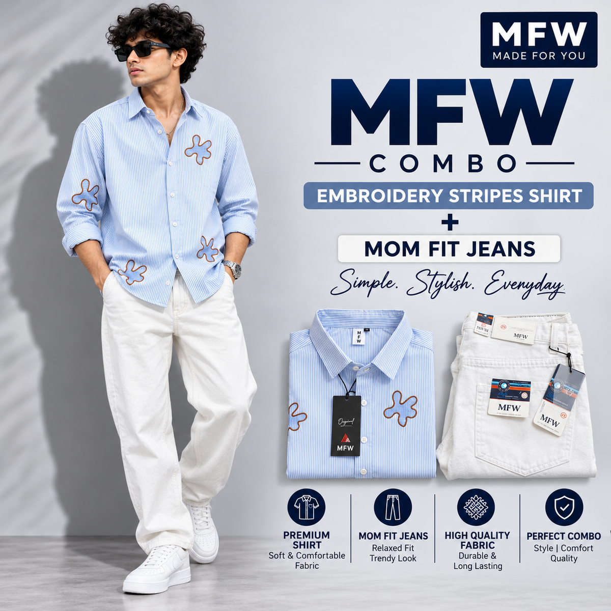 2 in 1 combo stripes embroidery shirts + mom fit jeans pant buy @600 rs only