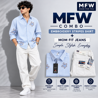 2 in 1 combo stripes embroidery shirts + mom fit jeans pant buy @600 rs only
