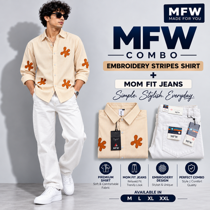 2 in 1 combo stripes embroidery shirts + mom fit jeans pant buy @600 rs only