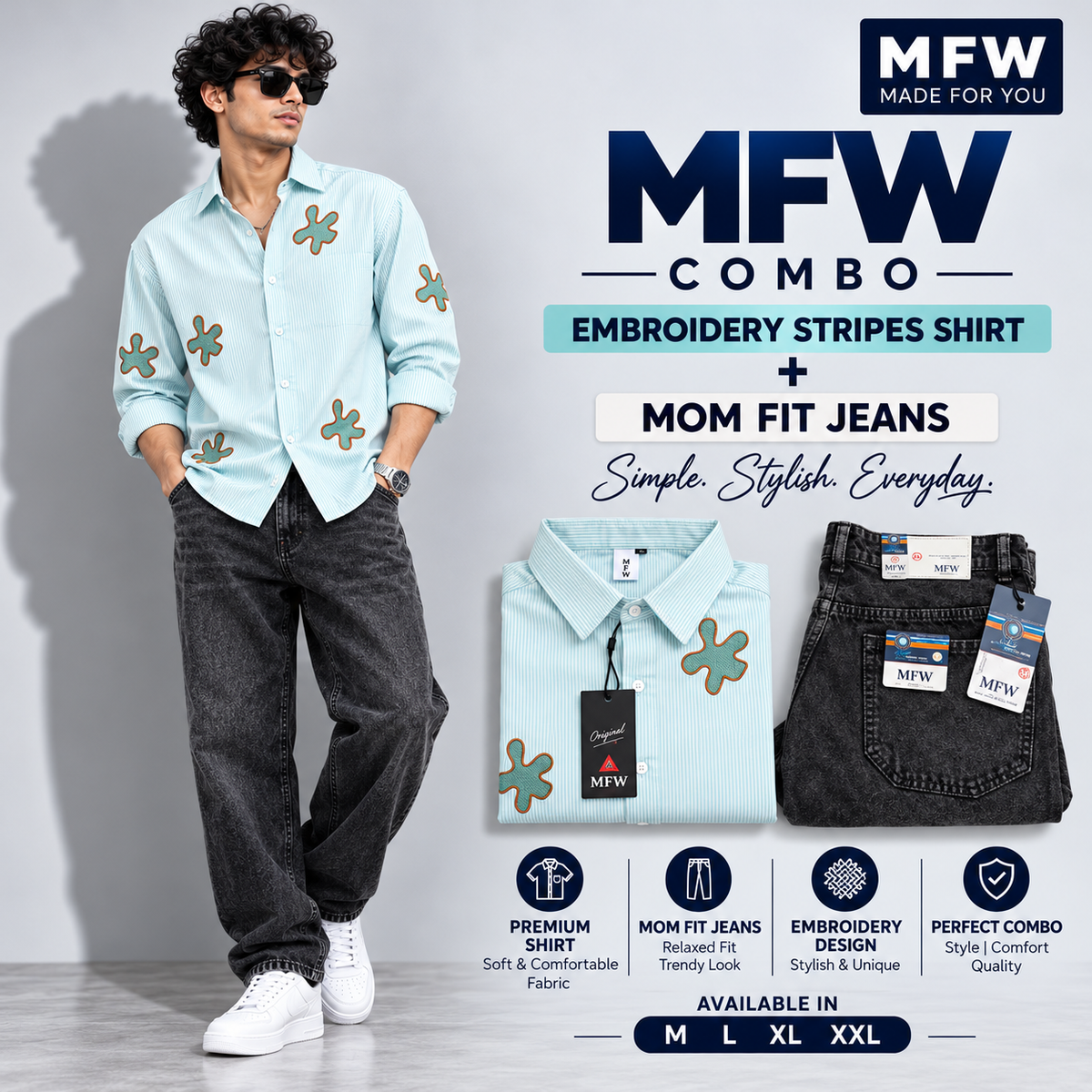 2 in 1 combo stripes embroidery shirts + mom fit jeans pant buy @600 rs only