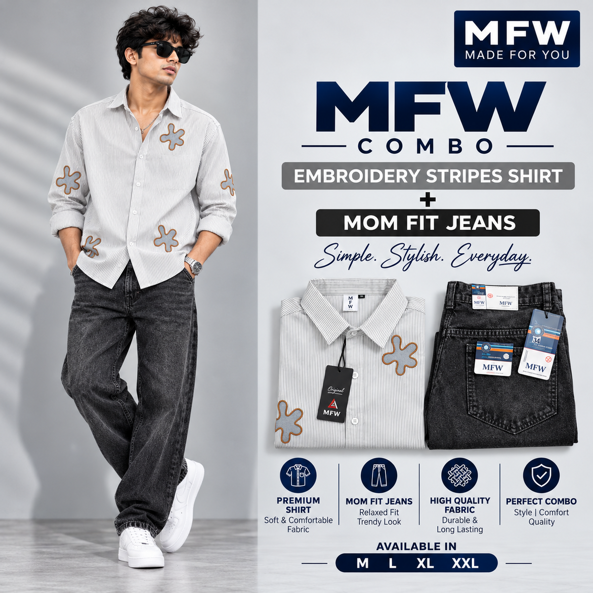 2 in 1 combo stripes embroidery shirts + mom fit jeans pant buy @600 rs only