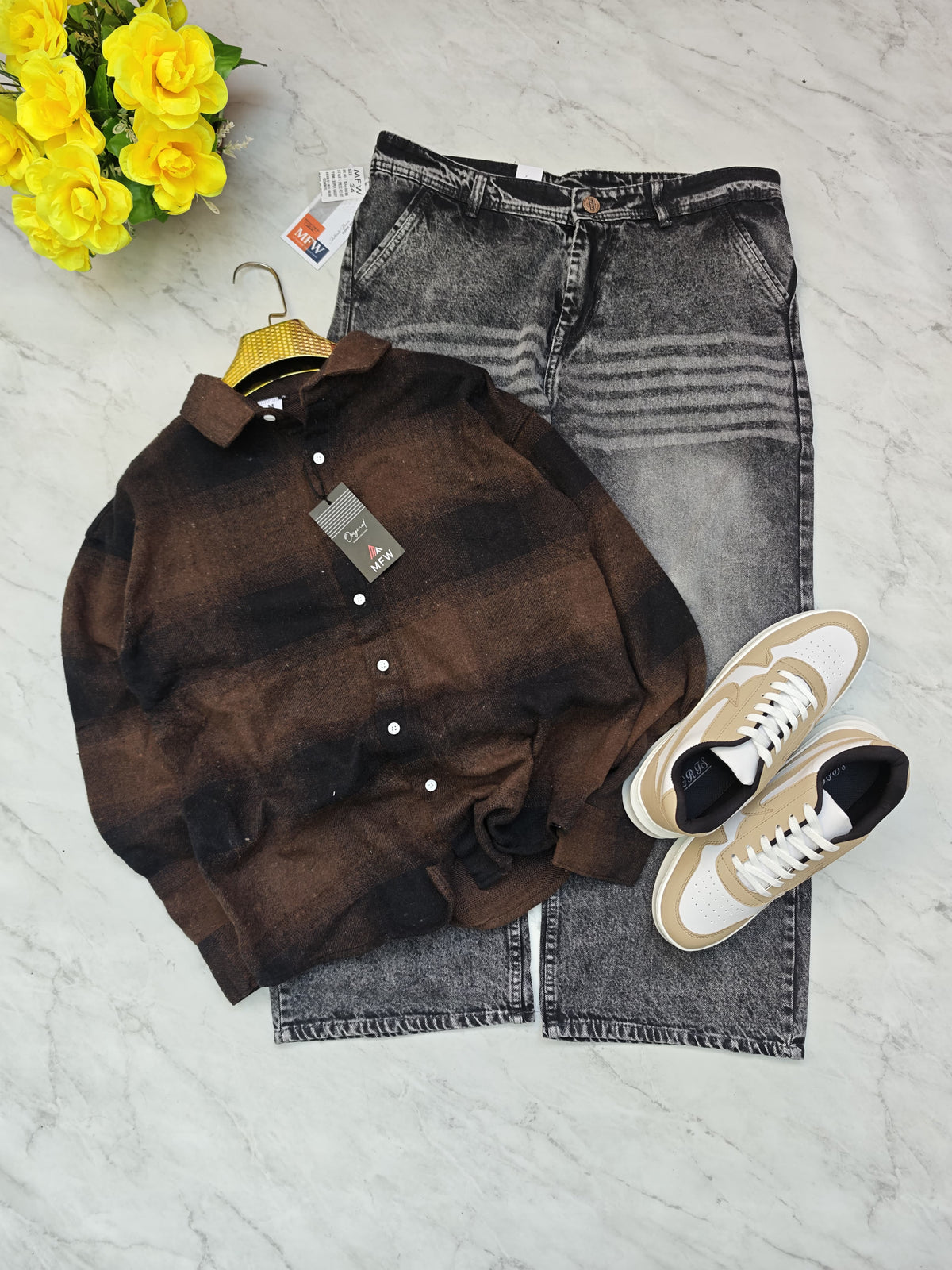 3 in 1 combo MFW brush cotton shirts + Mfw Whisker Super baggy jeans pant + shoe buy @999 only [M4-C5]