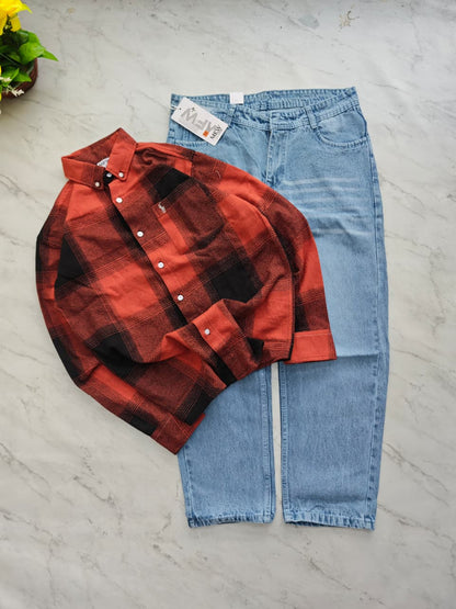 2 in 1 combo MFW viral checked shirts + Whisker mom fit jeans pant buy @600 rs only[A02]